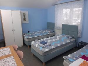 two beds in a room with blue walls at Pokoje Gościnne "Cyprian" in Siedlce