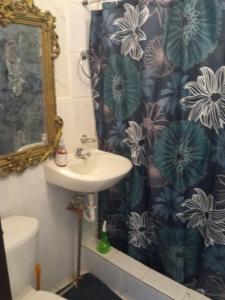 a bathroom with a sink and a shower curtain at SUITE CUMBAYA Junto Reservorio in Quito