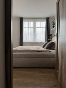 a bedroom with a large bed with a window at Smarty Choice Living with FREE PARKING - Vondroušova in Prague