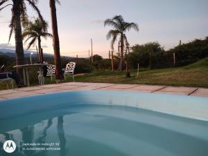 a swimming pool in a backyard with palm trees at Cabaña El Refugio in La Carrera