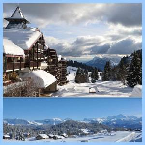 two pictures of a building covered in snow at Les Terrasses du Mont blanc in Le Praz de Lys