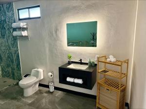 a bathroom with a white toilet and a sink at Arenal Star Luxury Studios with Private Jacuzzi in Fortuna +44 photos