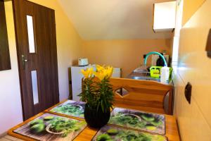 a kitchen with a table with a vase of flowers on it at Agroturystyka ZIELONA ZAGRODA w Kosztowej in Dubiecko