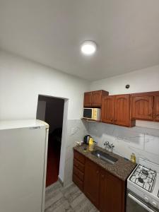 a kitchen with wooden cabinets and a white refrigerator at Bruma in Leones
