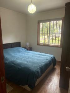a bedroom with a blue bed and a window at Casa familiar en parcela privada Pucón in Pucón