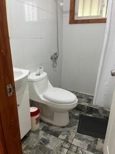 a bathroom with a white toilet and a sink at Casa familiar en parcela privada Pucón in Pucón