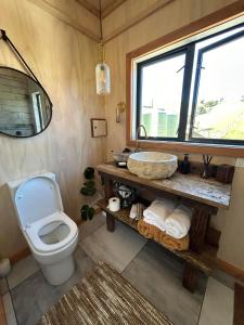 a bathroom with a toilet and a sink and a window at Mountain Range Guesthouse in Dovedale +12 photos