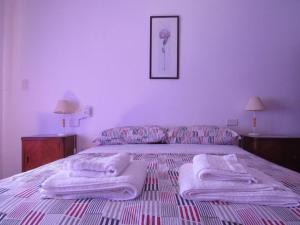 a bedroom with a bed with towels on it at casitadearminda in Villa Las Rosas