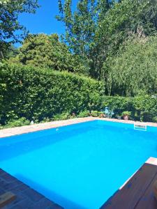 a large blue swimming pool with trees in the background at casitadearminda in Villa Las Rosas