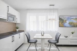 a kitchen with a white table and two chairs at Kleine Auszeit in Friedrichshafen