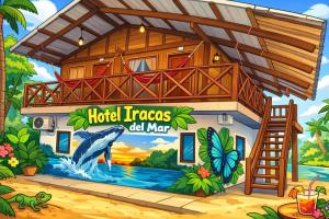 a hotel with a dolphin in front of a building at Cabañas Iracas del Mar in Nuquí