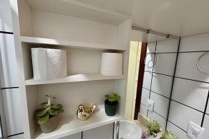 a bathroom with a sink and shelves with plants at Asa Sul | Próx. Aeroporto | Conforto & Praticidade in Brasília