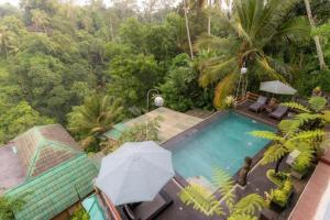 an overhead view of a swimming pool with an umbrella at Secret Forest Hideaway near Ubud in Bangli