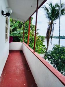 a balcony of a house with a red floor and a palm tree at Lagoon Stay in Moraketiara