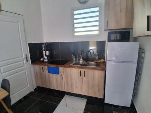 a kitchen with a white refrigerator and a sink at Kaz o ti plezi in Sainte-Rose +10 photos