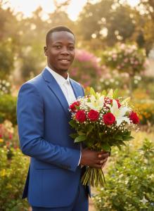 a man in a blue suit holding a bouquet of flowers at jeanrenald in Anse-à-Pitres