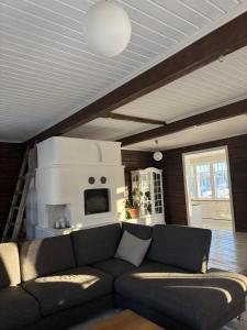 a living room with a couch and a fireplace at Villa Hirsipirtti in Rovaniemi