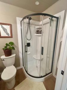 a bathroom with a shower with a toilet at Maple Woods B&B in Honeymoon Bay