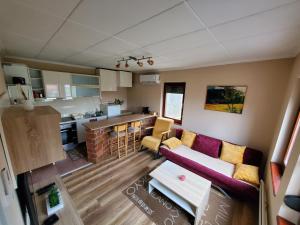 a living room with a couch and a kitchen at DVOR seosko turisticko domacinstvo in Donja Toponica