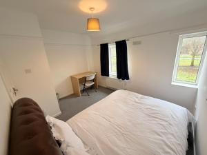 a bedroom with a bed and a desk and a window at Precious House 2 in Leicester +8 photos