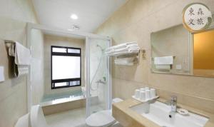 a bathroom with a sink and a shower and a toilet at 蝴蝶結溜滑梯親子民宿-寵物友善-無門禁24小時進出-免費停車-東森文旅-包棟優惠中 in Yuanshan +20 photos