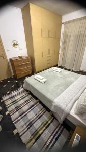 ein Schlafzimmer mit einem Bett und einem Teppich in der Unterkunft Pasithea's Apartment in Samos
