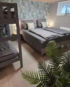 a bedroom with a bed and a ladder and a plant at Gästehaus Alwin Diebold - 5 Gehminuten zum Europapark in Rust