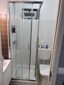 a bathroom with a shower with a toilet and a sink at coração alfama in Lisbon +22 photos