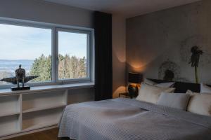 a bedroom with a bed and a large window at PanoramaLodge Samerberg in Samerberg
