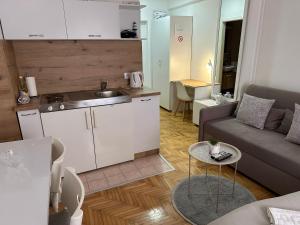 a small apartment with a kitchen and a living room at Top Spot Studio in Ohrid