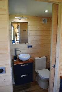 a bathroom with a toilet and a sink and a mirror at Tiny House - La P'tite Georgette in Canouville