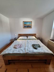 a bedroom with a large bed with two pillows on it at Pr' Hribar in Zgornje Gorje