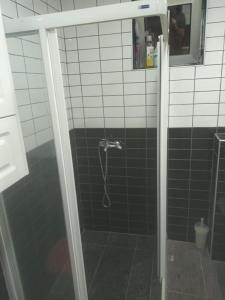 a shower with a glass door in a bathroom at Blue point in Kragujevac