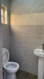 a bathroom with a toilet and a sink at Cyril O Apartment in Lagos +6 photos