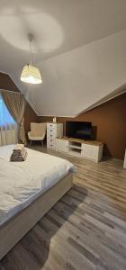 a bedroom with a bed and a flat screen tv at Forest Grill in Piatra Neamţ +14 photos