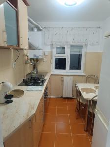 a kitchen with a stove and a counter top at Apart Robert 1 in Bicaz