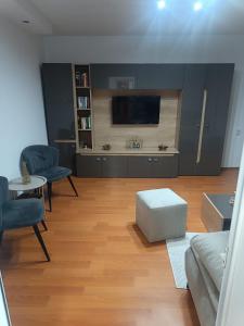 a living room with a couch and a tv at Apart Robert 1 in Bicaz