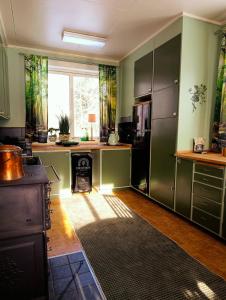 a kitchen with green cabinets and a stove in it at Hus Fee in Fredriksberg