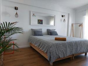 a bedroom with a bed with a mirror on the wall at Praia Dona Ana - Bedrooms in shared apartment in Lagos