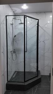 a shower with a glass enclosure in a bathroom at Кочевник in Semey