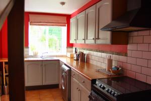 cocina con paredes rojas, fregadero y fogones en Bramley Cottage, en Ottery St Mary