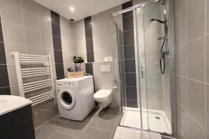 a bathroom with a toilet and a shower and a washing machine at studio tout équipé, calme avec terrasse et parking in Audincourt +16 photos