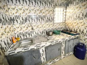 a tiled kitchen with a sink and a window at Residence Man zele in Man