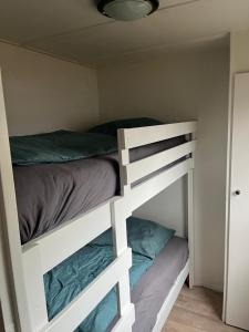 a bunk bed in a room with two bunk beds at Hottub Forest Chalet op de Veluwe! in Putten +12 photos