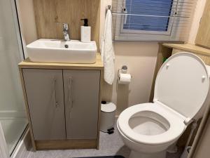 a small bathroom with a toilet and a sink at S&K Lodge Billing Aquadrome Holiday Park, Great billing ,Northampton , NN3 9DA in Northampton