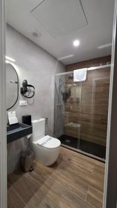 a bathroom with a toilet and a glass shower at Casona de San Andrés Boutique Hotel in Seville