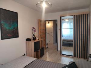 a bedroom with a bed and a room with a mirror at Apartament SIEDEMNAŚCIE in Sanok +17 photos