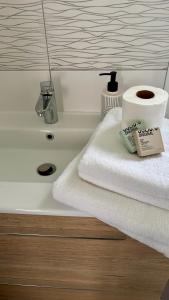 a bathroom sink with towels and a roll of toilet paper at Caprice des Dunes in Notre-Dame-de-Monts