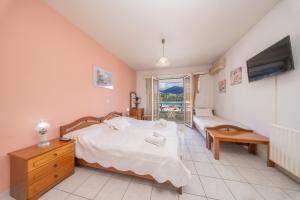 a bedroom with a bed and a tv and a couch at Myros Studios in Argostoli