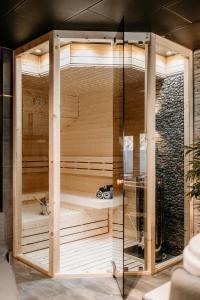a sauna with a glass wall in a room at Greyhouse Apartments in Harkány +101 photos